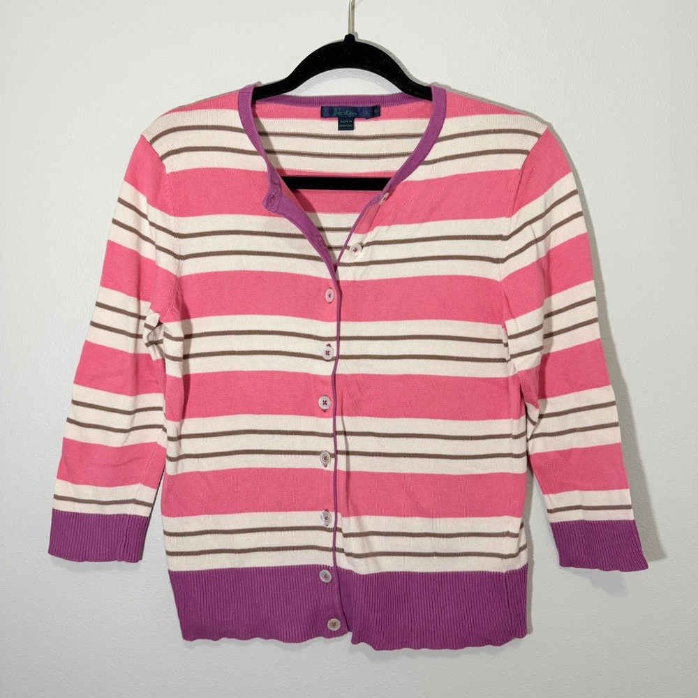 Boden Cardigan Womens 12 Striped 3/4 Sleeve Buttons Pink Purple Cotton Fitted